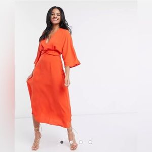 New! Batwing twist front midi skater dress in orange